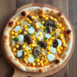 A delightful pizza topped with sweet corn kernels, crunchy sliced onions, and tender sautéed mushrooms, all melted together with creamy mozzarella cheese to create a light, earthy flavor