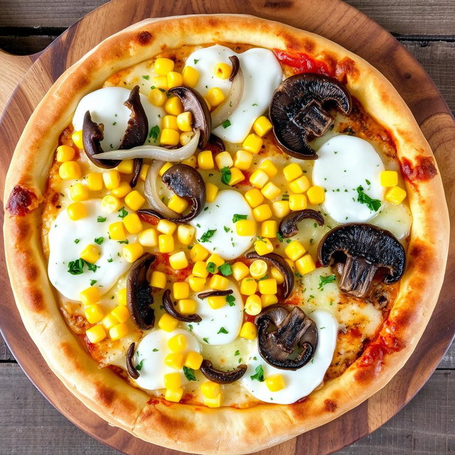 A delightful pizza topped with sweet corn kernels, crunchy sliced onions, and tender sautéed mushrooms, all melted together with creamy mozzarella cheese to create a light, earthy flavor