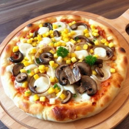 A beautifully crafted pizza topped with sweet corn kernels, crunchy rings of onions, and tender, sautéed mushrooms, all harmoniously blended with creamy, melted mozzarella cheese to create a light and earthy flavor profile
