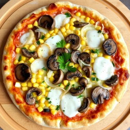A beautifully crafted pizza topped with sweet corn kernels, crunchy rings of onions, and tender, sautéed mushrooms, all harmoniously blended with creamy, melted mozzarella cheese to create a light and earthy flavor profile