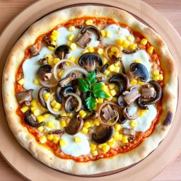 A beautifully crafted pizza topped with sweet corn kernels, crunchy rings of onions, and tender, sautéed mushrooms, all harmoniously blended with creamy, melted mozzarella cheese to create a light and earthy flavor profile