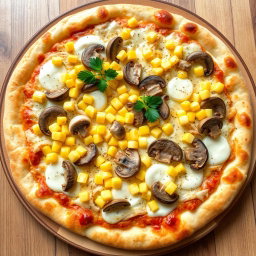 A beautifully crafted pizza topped with sweet corn kernels, crunchy rings of onions, and tender, sautéed mushrooms, all harmoniously blended with creamy, melted mozzarella cheese to create a light and earthy flavor profile