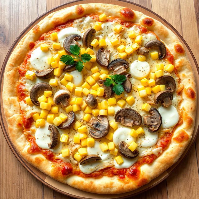 A beautifully crafted pizza topped with sweet corn kernels, crunchy rings of onions, and tender, sautéed mushrooms, all harmoniously blended with creamy, melted mozzarella cheese to create a light and earthy flavor profile