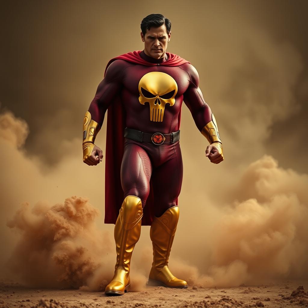 A powerful superhero clad in a striking dark red costume adorned with a prominent golden skull mark at its center