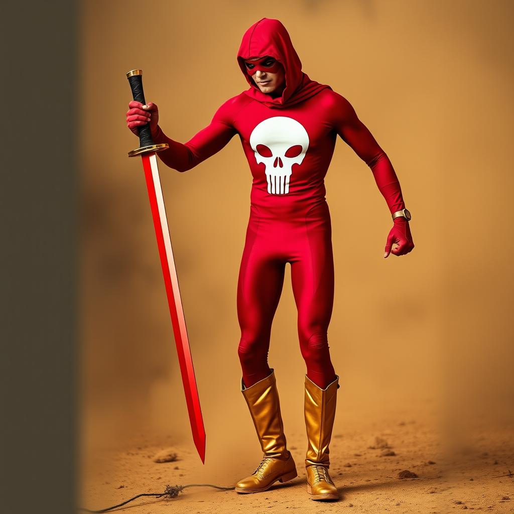 A skinny fitness superhero dressed in a vibrant dark red costume featuring a striking white skull mark prominently displayed in the center