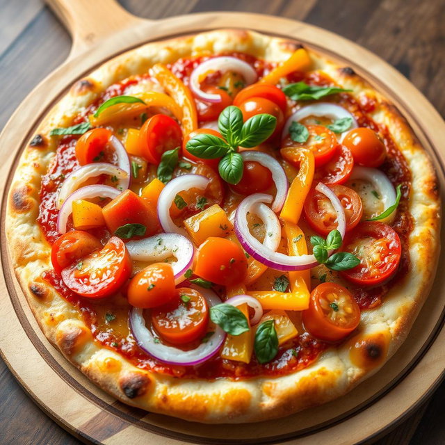 A vibrant pizza featuring a zesty medley of fresh, sliced onions, ripe tomatoes, and colorful capsicum (bell peppers) that add a pop of brightness