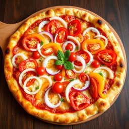 A vibrant pizza featuring a zesty medley of fresh, sliced onions, ripe tomatoes, and colorful capsicum (bell peppers) that add a pop of brightness