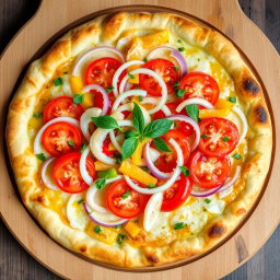 A vibrant pizza featuring a zesty medley of fresh, sliced onions, ripe tomatoes, and colorful capsicum (bell peppers) that add a pop of brightness