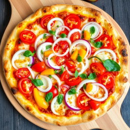 A vibrant pizza featuring a zesty medley of fresh, sliced onions, ripe tomatoes, and colorful capsicum (bell peppers) that add a pop of brightness