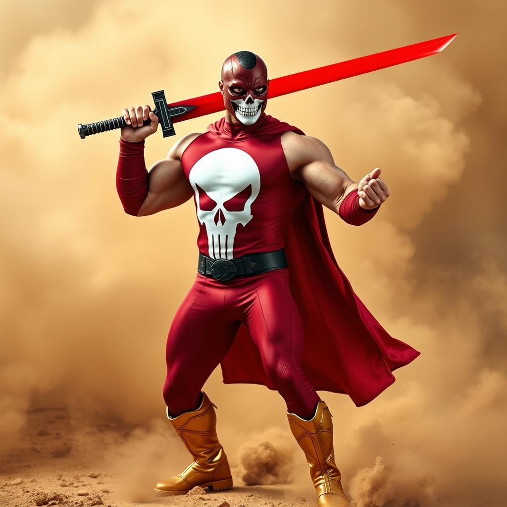 A fitness superhero showcasing an athletic build, dressed in a sleek dark red costume that prominently features a bold white skull mark in the center
