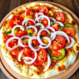 A delicious pizza featuring a zesty medley of fresh, sliced onions, juicy tomatoes, and vibrant capsicum (bell peppers) arranged artfully across the surface