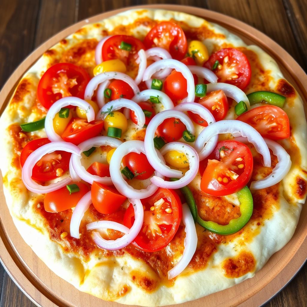 A delicious pizza featuring a zesty medley of fresh, sliced onions, juicy tomatoes, and vibrant capsicum (bell peppers) arranged artfully across the surface
