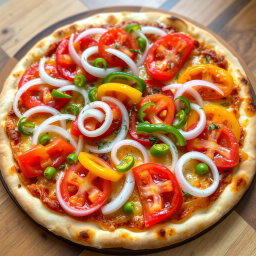 A delicious pizza featuring a zesty medley of fresh, sliced onions, juicy tomatoes, and vibrant capsicum (bell peppers) arranged artfully across the surface
