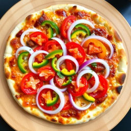 A delicious pizza featuring a zesty medley of fresh, sliced onions, juicy tomatoes, and vibrant capsicum (bell peppers) arranged artfully across the surface
