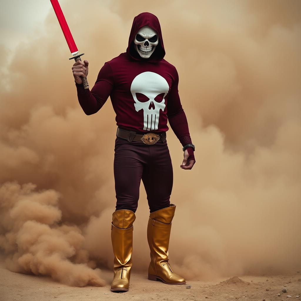 A man dressed in a striking dark red costume featuring a bold white skull mark at the center