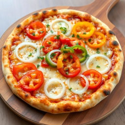 A mouth-watering pizza featuring a zesty medley of fresh, sliced onions, juicy tomatoes, and vibrant capsicum (bell peppers) artfully arranged across the surface