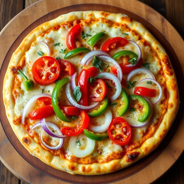 A mouth-watering pizza featuring a zesty medley of fresh, sliced onions, juicy tomatoes, and vibrant capsicum (bell peppers) artfully arranged across the surface