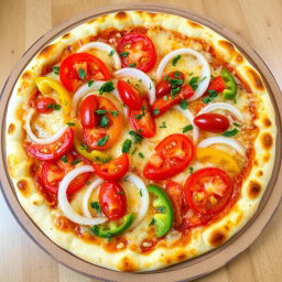 A mouth-watering pizza featuring a zesty medley of fresh, sliced onions, juicy tomatoes, and vibrant capsicum (bell peppers) artfully arranged across the surface