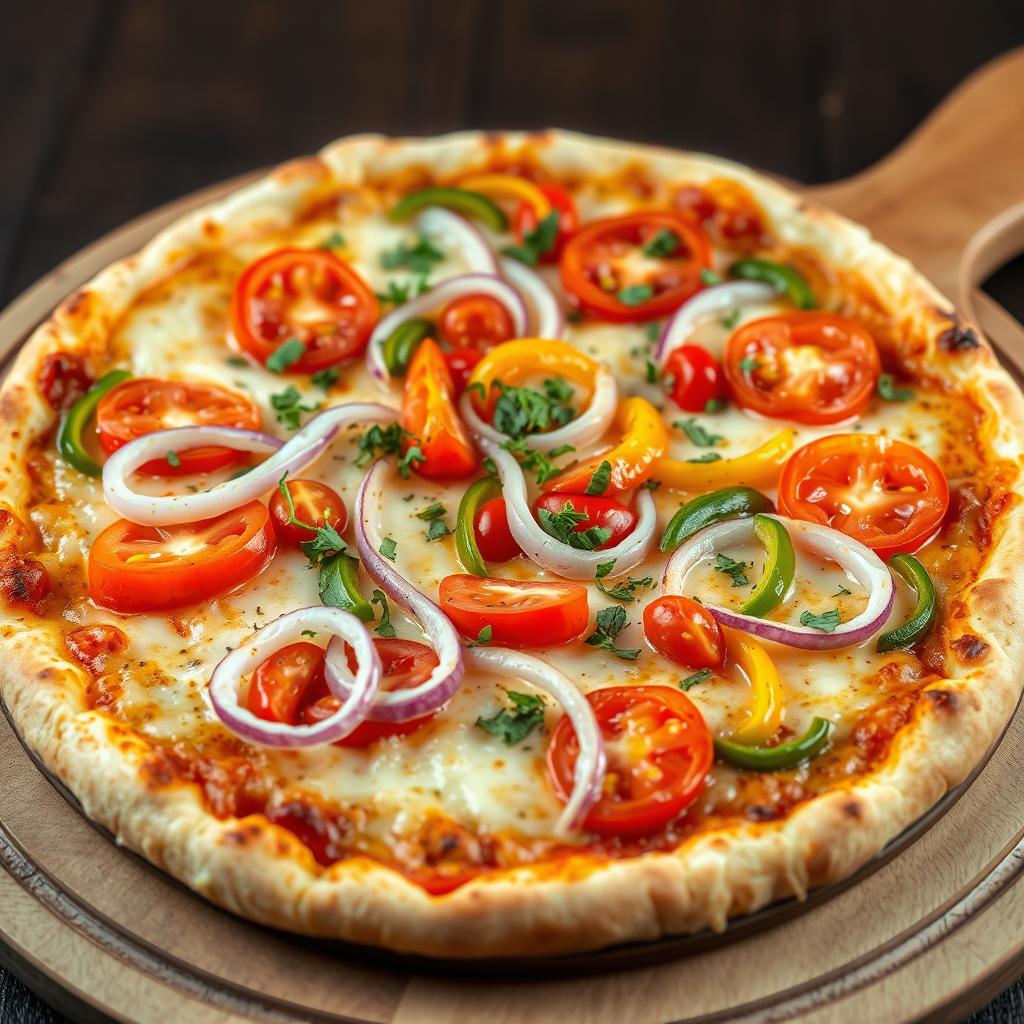 A mouth-watering pizza featuring a zesty medley of fresh, sliced onions, juicy tomatoes, and vibrant capsicum (bell peppers) artfully arranged across the surface
