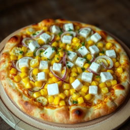 A delicious pizza featuring a creamy delight with sweet corn kernels, freshly sliced onions, and soft cubes of paneer arranged generously across the surface
