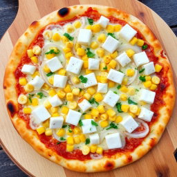 A delicious pizza featuring a creamy delight with sweet corn kernels, freshly sliced onions, and soft cubes of paneer arranged generously across the surface