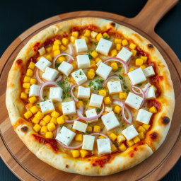 A delicious pizza featuring a creamy delight with sweet corn kernels, freshly sliced onions, and soft cubes of paneer arranged generously across the surface