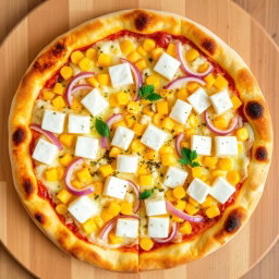 A delicious pizza featuring a creamy delight with sweet corn kernels, freshly sliced onions, and soft cubes of paneer arranged generously across the surface