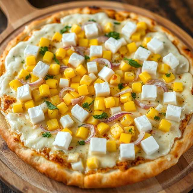 A delectable pizza showcasing a creamy delight with plump sweet corn kernels, freshly chopped onions, and soft, white cubes of paneer artfully distributed over the top