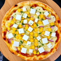 A delectable pizza showcasing a creamy delight with plump sweet corn kernels, freshly chopped onions, and soft, white cubes of paneer artfully distributed over the top