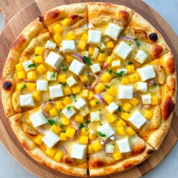A delectable pizza showcasing a creamy delight with plump sweet corn kernels, freshly chopped onions, and soft, white cubes of paneer artfully distributed over the top