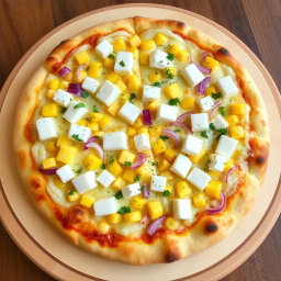 A delectable pizza showcasing a creamy delight with plump sweet corn kernels, freshly chopped onions, and soft, white cubes of paneer artfully distributed over the top