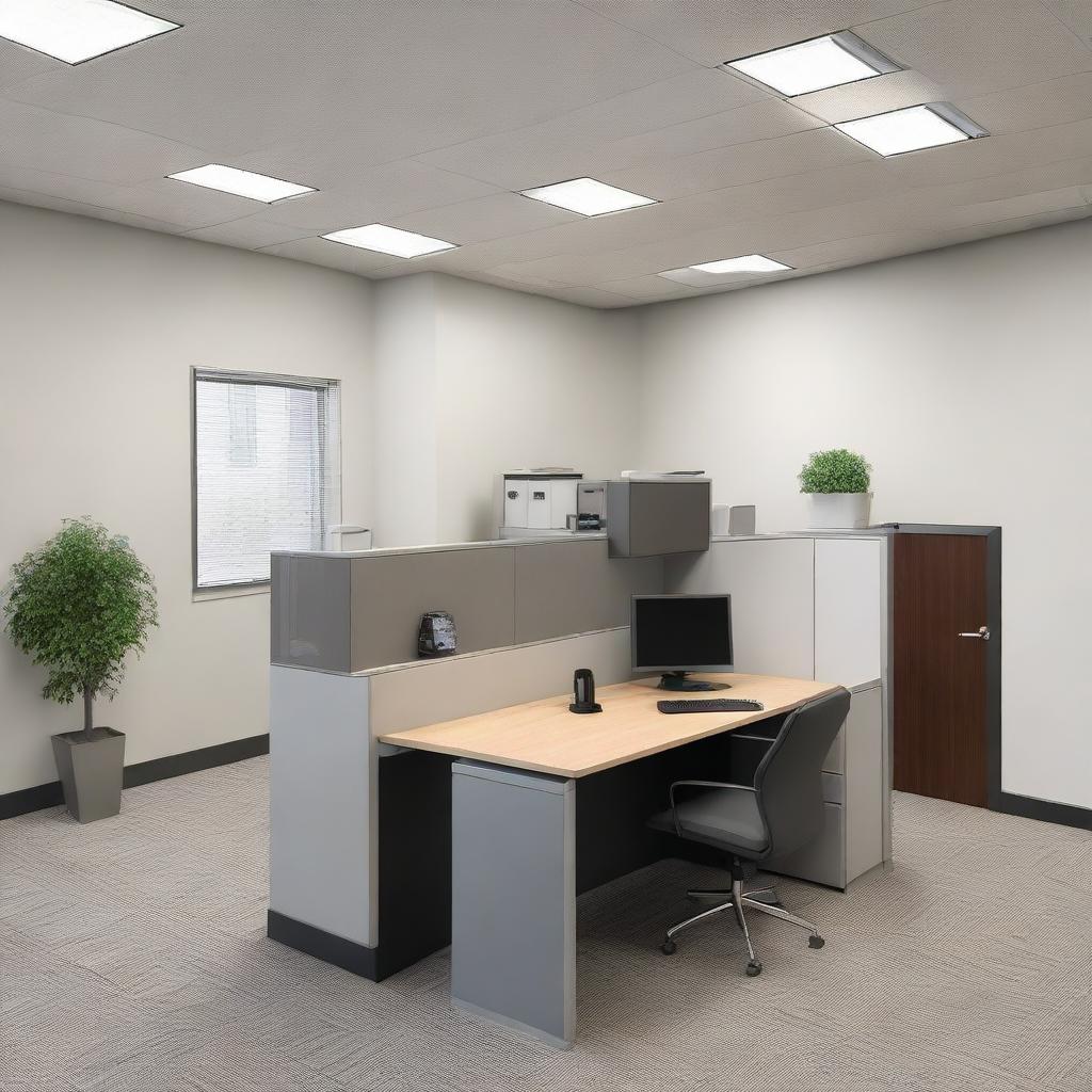 Interior view of a compact real estate office in a 7.5 foot wide and 20 foot deep space, featuring an L-shaped counter and essential office furniture