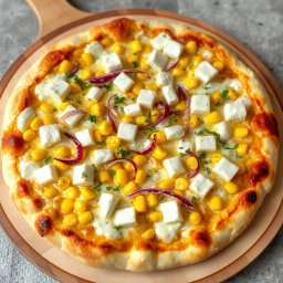 A sumptuous pizza presenting a creamy delight topped with sweet corn kernels, crisp fresh onions, and soft, white paneer cubes