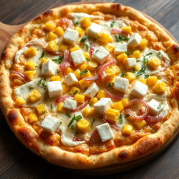 A sumptuous pizza presenting a creamy delight topped with sweet corn kernels, crisp fresh onions, and soft, white paneer cubes