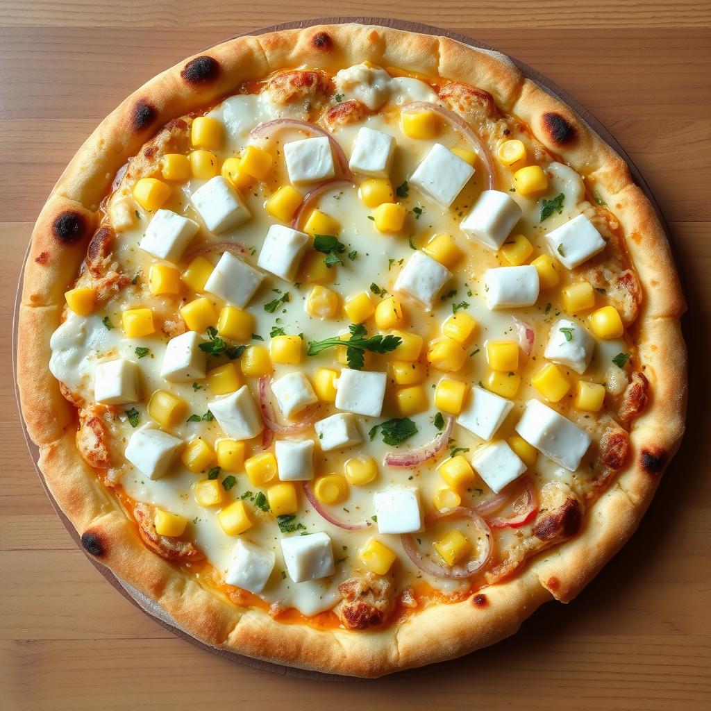 A sumptuous pizza presenting a creamy delight topped with sweet corn kernels, crisp fresh onions, and soft, white paneer cubes