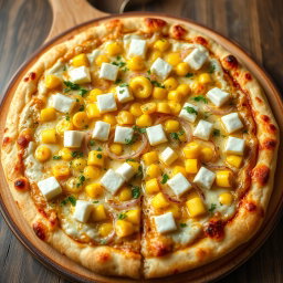 A sumptuous pizza presenting a creamy delight topped with sweet corn kernels, crisp fresh onions, and soft, white paneer cubes