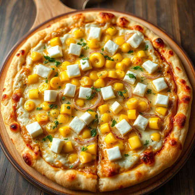 A sumptuous pizza presenting a creamy delight topped with sweet corn kernels, crisp fresh onions, and soft, white paneer cubes