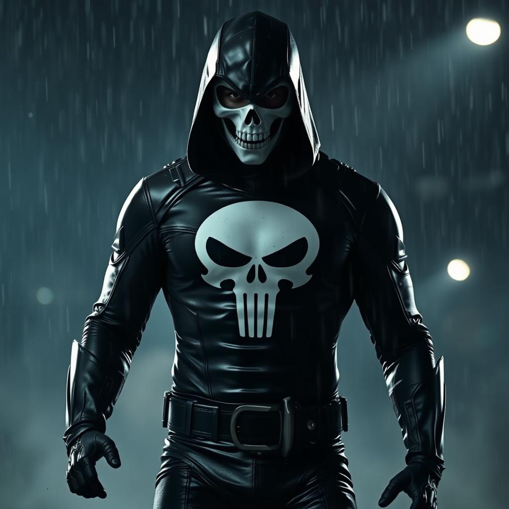 A man clad in a sleek dark black costume, featuring a bold white skull mark at the center, exuding an air of mystery and menace
