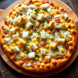 A mouth-watering pizza featuring a creamy base topped with sweet corn kernels, crisp fresh onions, and soft, rich cubes of paneer