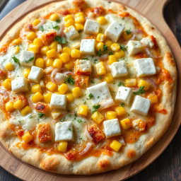 A mouth-watering pizza featuring a creamy base topped with sweet corn kernels, crisp fresh onions, and soft, rich cubes of paneer