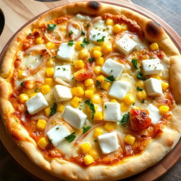 A mouth-watering pizza featuring a creamy base topped with sweet corn kernels, crisp fresh onions, and soft, rich cubes of paneer