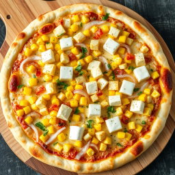 A mouth-watering pizza featuring a creamy base topped with sweet corn kernels, crisp fresh onions, and soft, rich cubes of paneer