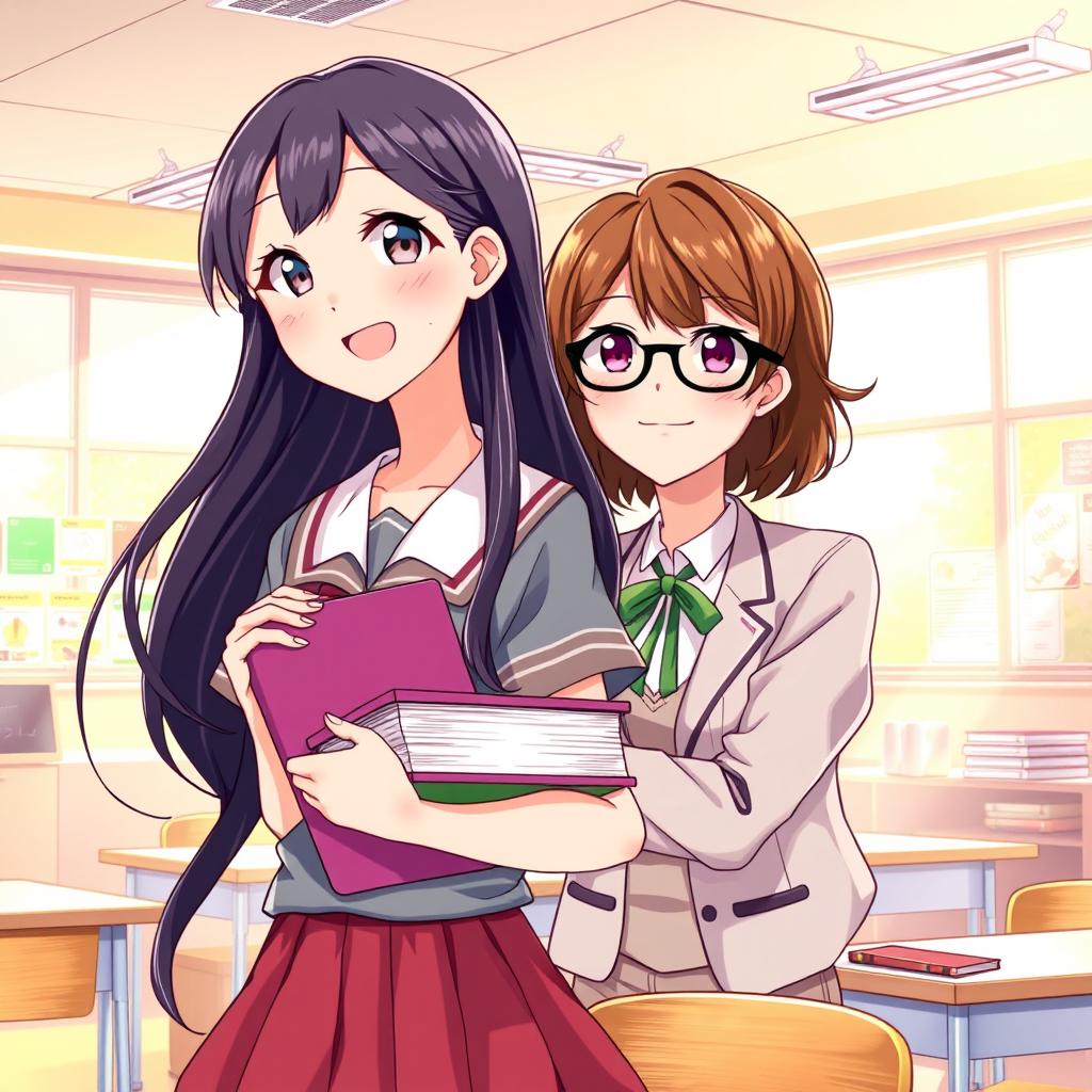 Anime-style cover illustration featuring a female student and a female teacher in a vibrant school setting