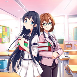 Anime-style cover illustration featuring a female student and a female teacher in a vibrant school setting