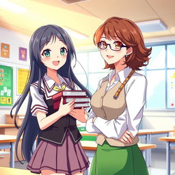Anime-style cover illustration featuring a female student and a female teacher in a vibrant school setting