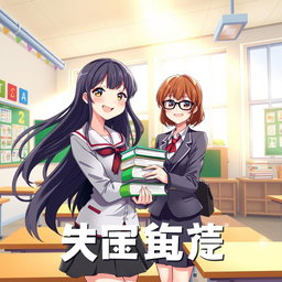 Anime-style cover illustration featuring a female student and a female teacher in a vibrant school setting