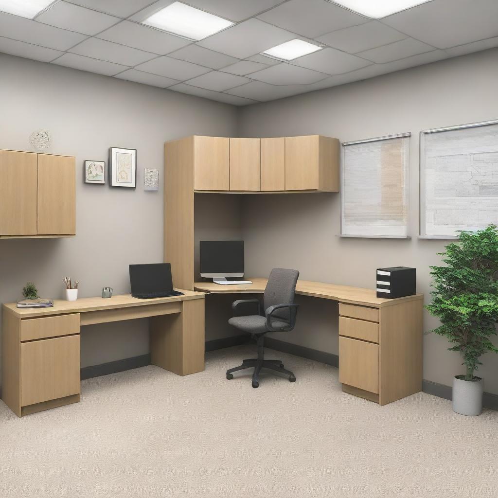 Interior view of a compact real estate office in a 7.5 foot wide and 20 foot deep space, featuring an L-shaped counter and essential office furniture