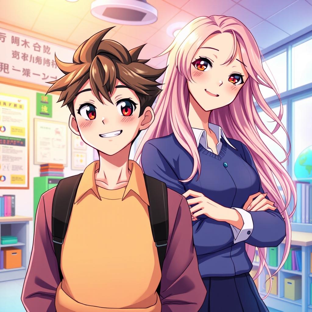 An eye-catching novel cover featuring a handsome young male student with styled hair and a charming smile, standing confidently beside a beautiful female teacher with long flowing hair and a warm, inviting expression