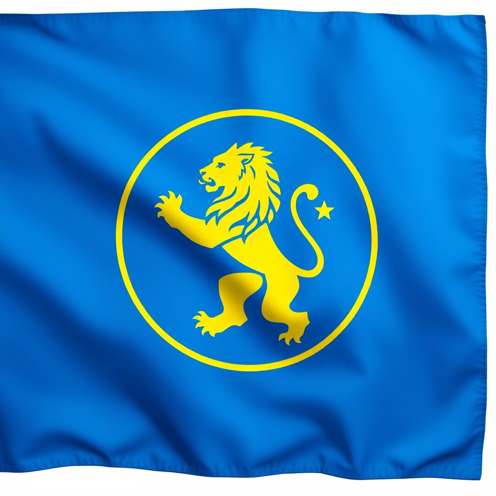 A vibrant blue flag featuring a prominent yellow lion symbol centered in the middle