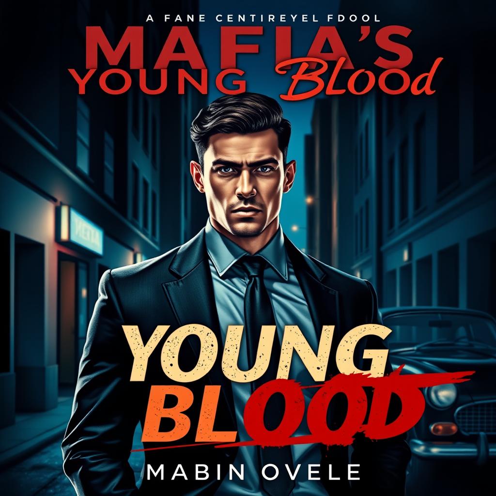 A thrilling novel cover featuring a young male mafia character, dressed in a sleek black suit with a stylish tie, standing confidently in an urban setting